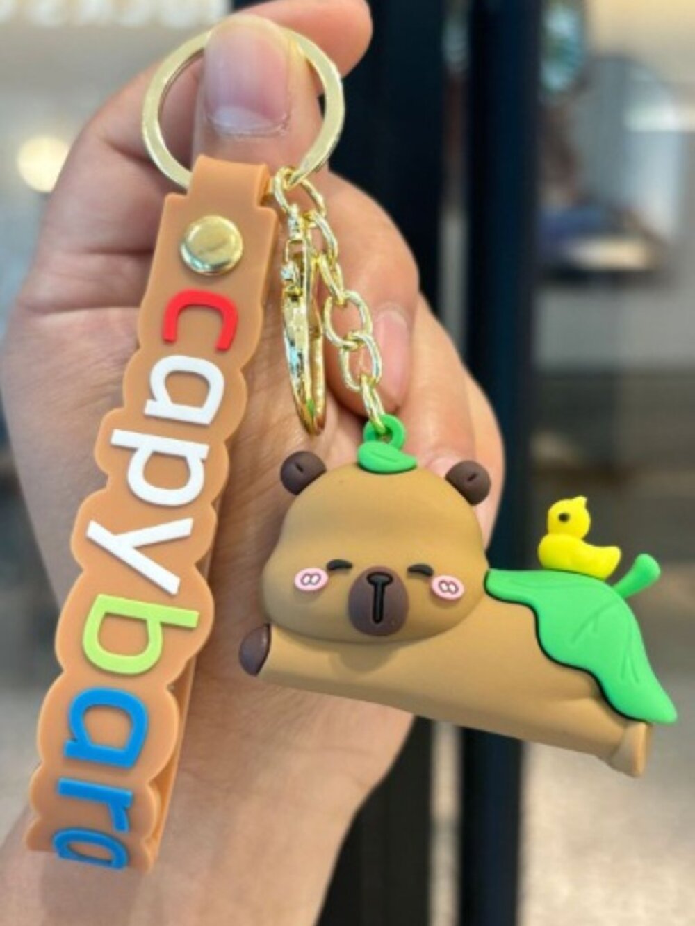 Cartoon Lying Capybara Keychain Duck On Leaf Silicone Bag Pendant Gift